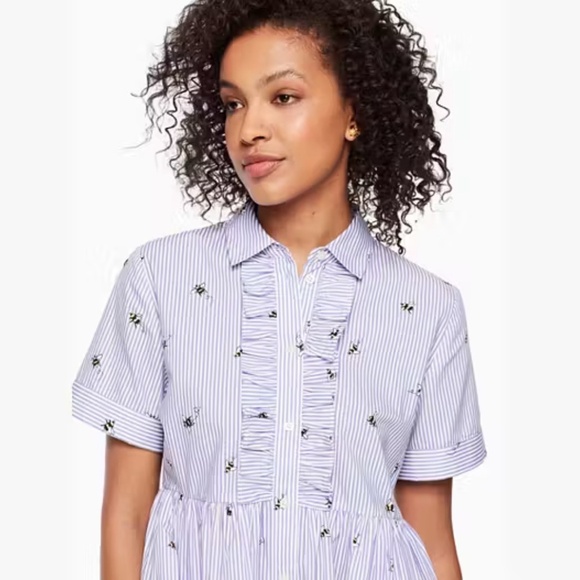 EUC Kate Spade Broome Street Abuzz Blue White Stripe Bumblee Bee Shirt Dress M - Picture 4 of 5
